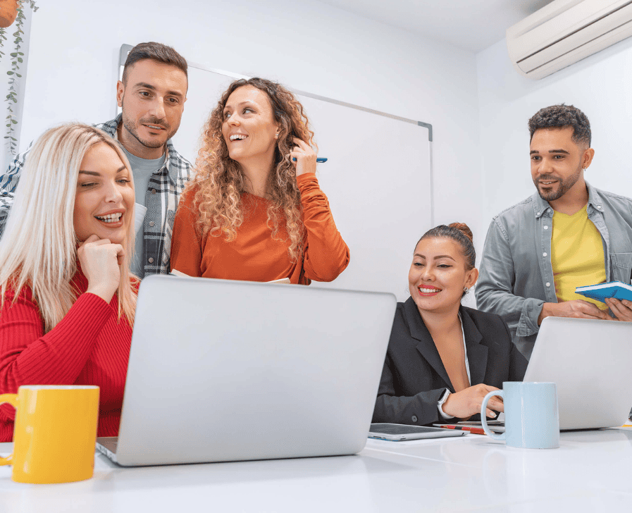 Group collaborating in a modern office.